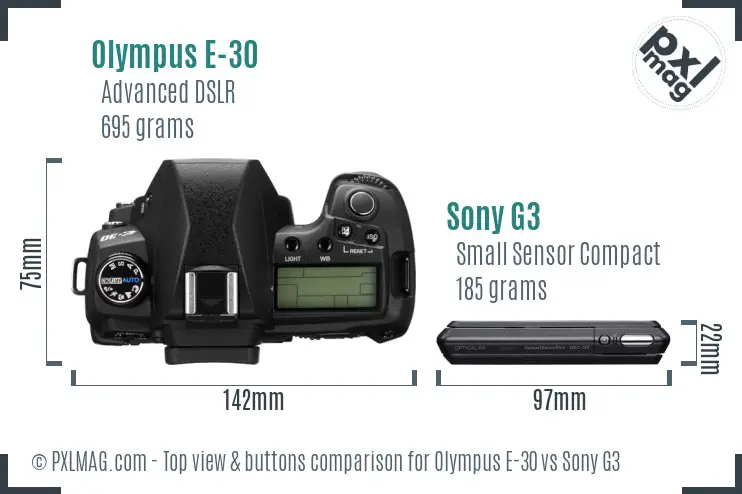 Olympus E-30 vs Sony G3 top view buttons comparison
