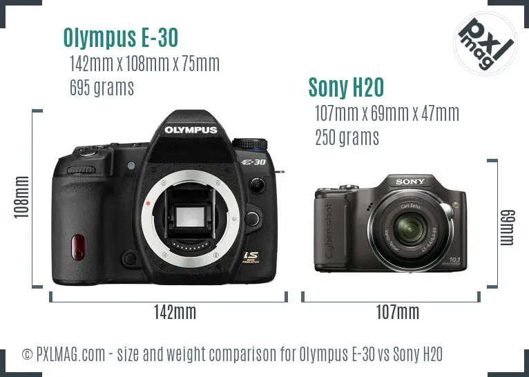 Olympus E-30 vs Sony H20 size comparison