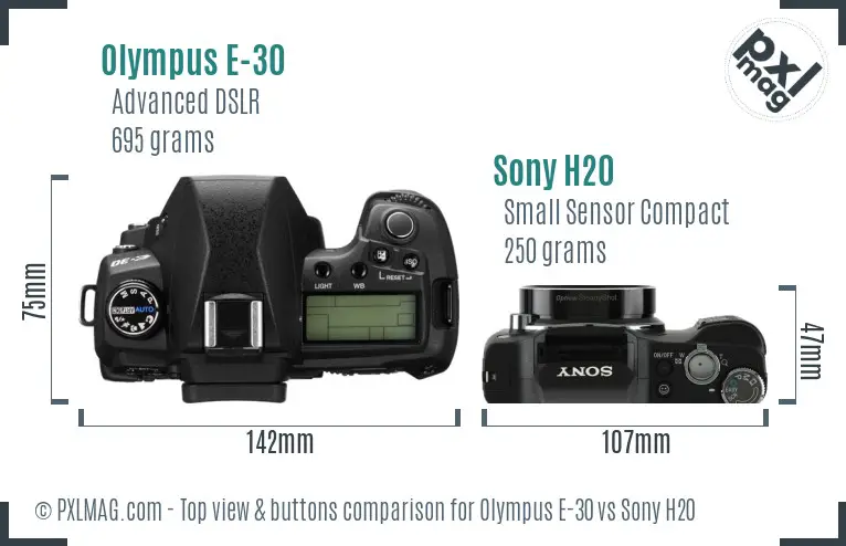 Olympus E-30 vs Sony H20 top view buttons comparison