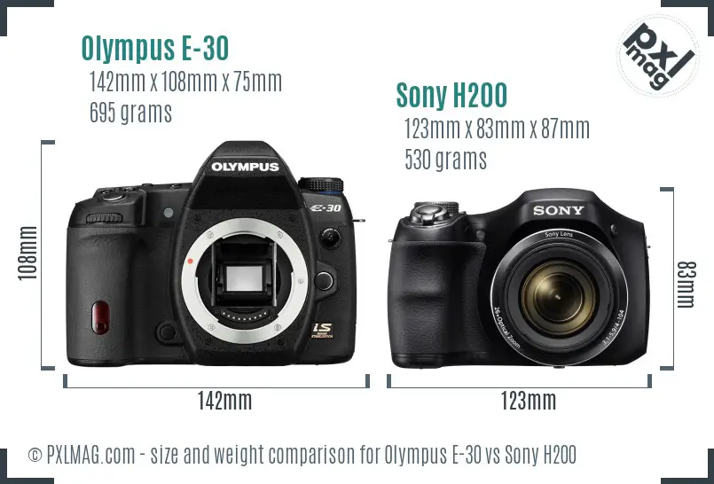 Olympus E-30 vs Sony H200 size comparison
