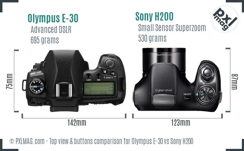 Olympus E-30 vs Sony H200 top view buttons comparison