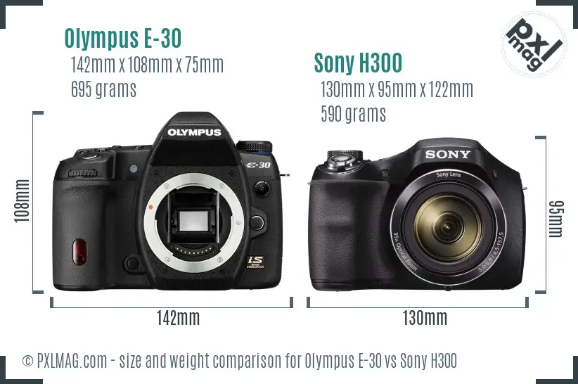 Olympus E-30 vs Sony H300 size comparison