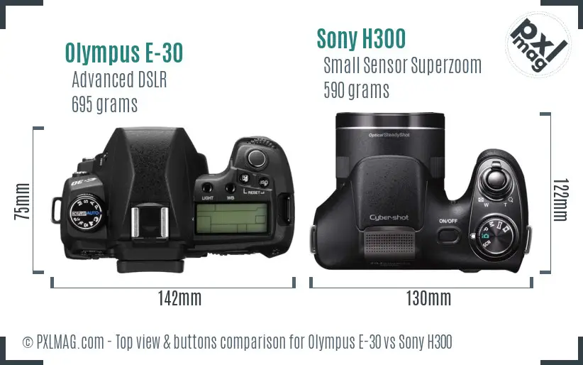 Olympus E-30 vs Sony H300 top view buttons comparison