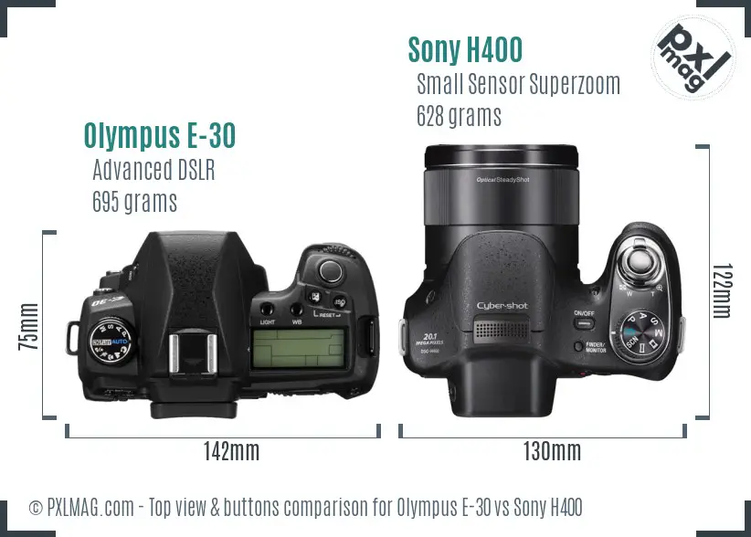 Olympus E-30 vs Sony H400 top view buttons comparison