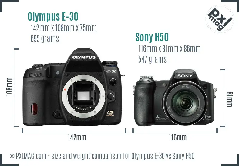 Olympus E-30 vs Sony H50 size comparison