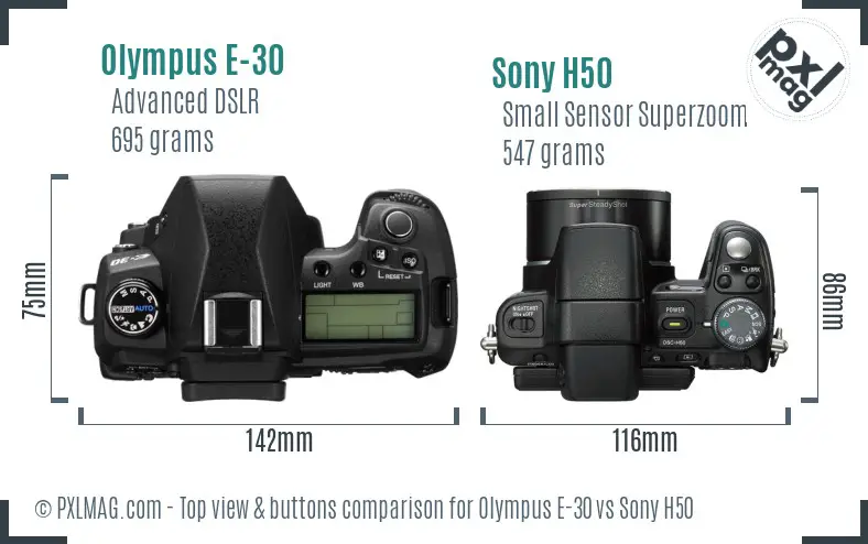 Olympus E-30 vs Sony H50 top view buttons comparison
