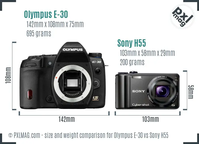 Olympus E-30 vs Sony H55 size comparison