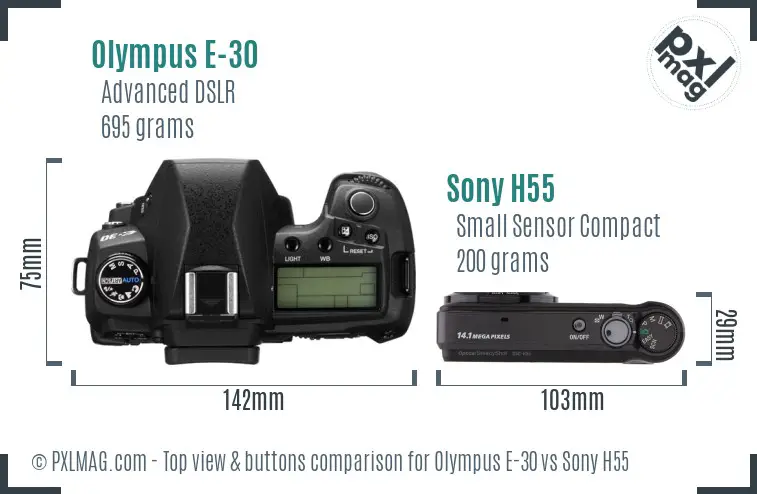 Olympus E-30 vs Sony H55 top view buttons comparison