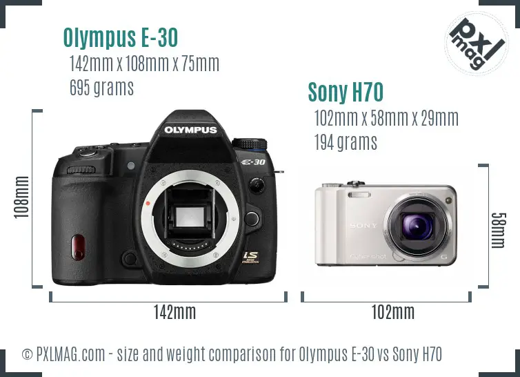 Olympus E-30 vs Sony H70 size comparison