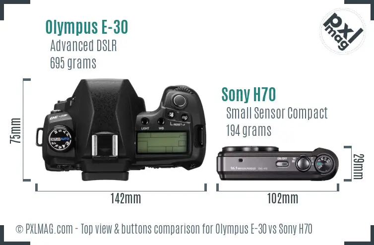 Olympus E-30 vs Sony H70 top view buttons comparison