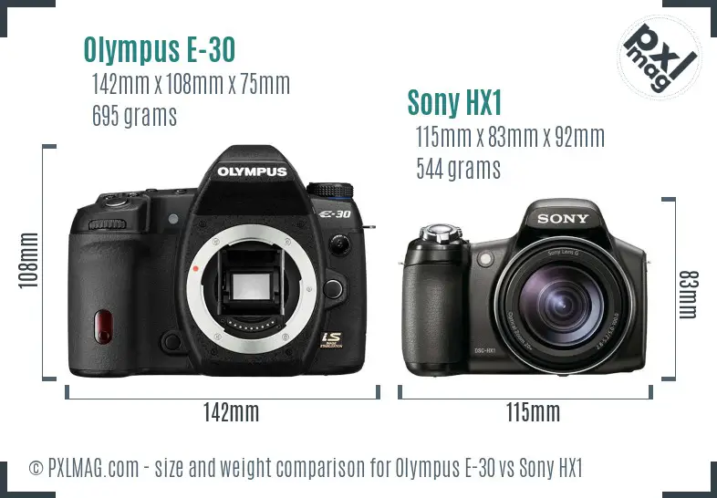 Olympus E-30 vs Sony HX1 size comparison