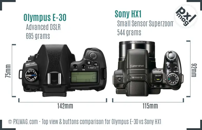 Olympus E-30 vs Sony HX1 top view buttons comparison