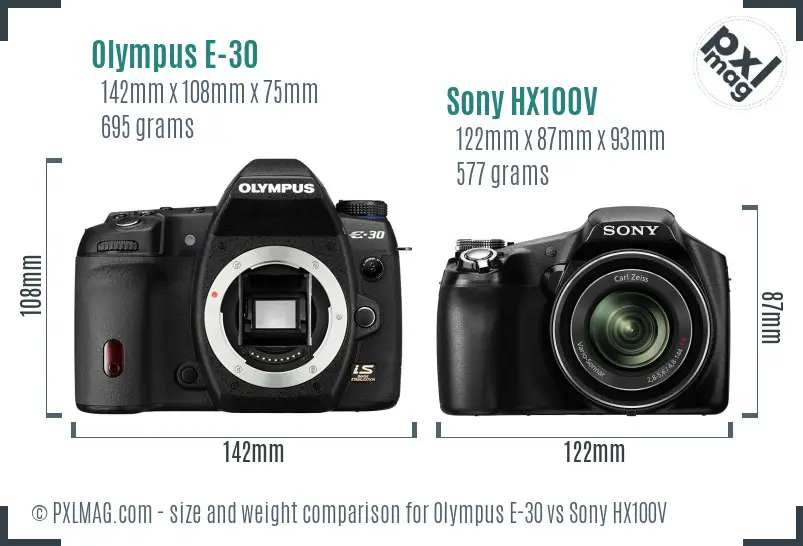 Olympus E-30 vs Sony HX100V size comparison