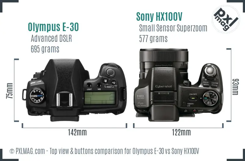 Olympus E-30 vs Sony HX100V top view buttons comparison