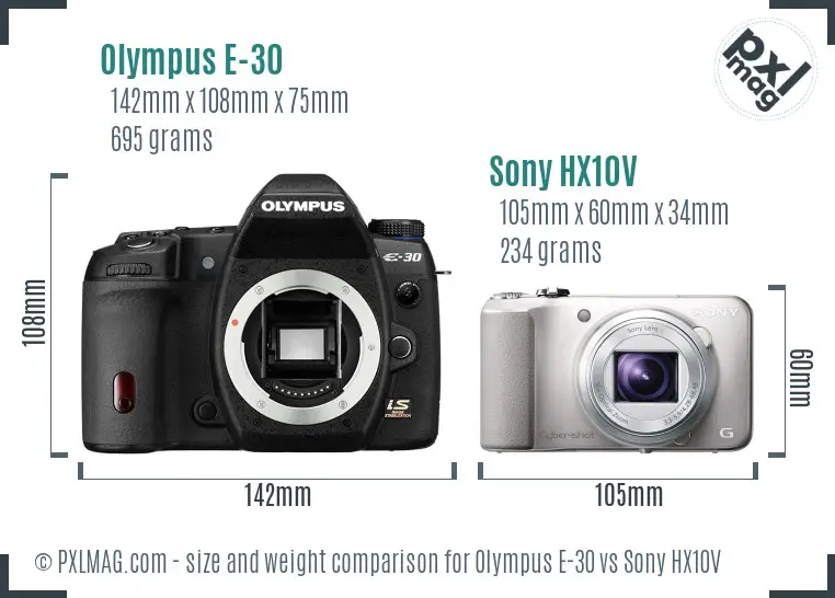 Olympus E-30 vs Sony HX10V size comparison