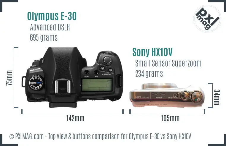 Olympus E-30 vs Sony HX10V top view buttons comparison