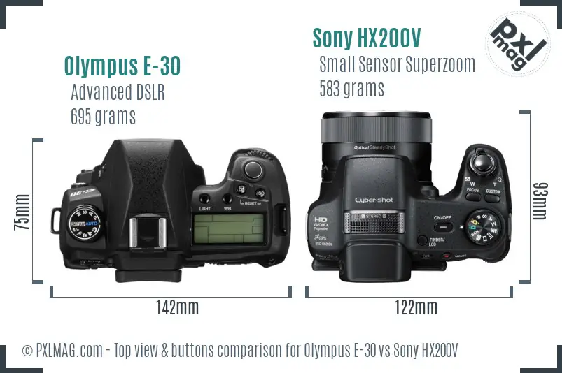 Olympus E-30 vs Sony HX200V top view buttons comparison