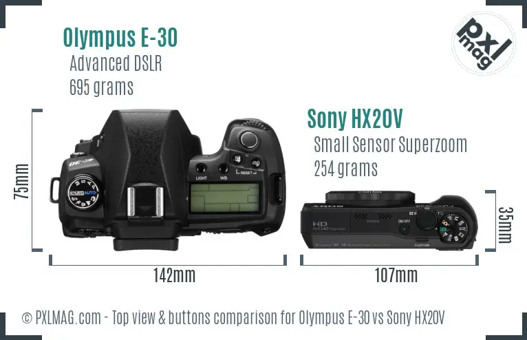 Olympus E-30 vs Sony HX20V top view buttons comparison