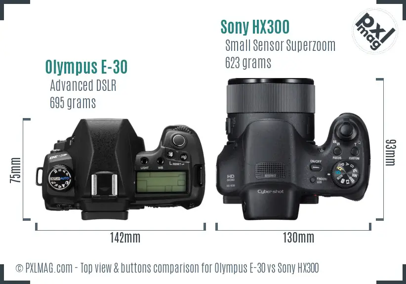 Olympus E-30 vs Sony HX300 top view buttons comparison