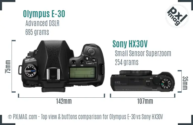 Olympus E-30 vs Sony HX30V top view buttons comparison