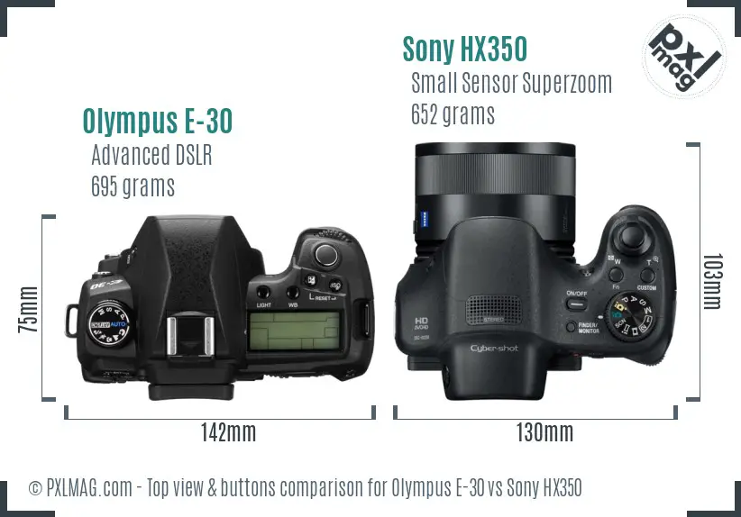 Olympus E-30 vs Sony HX350 top view buttons comparison