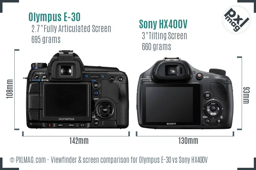 Olympus E-30 vs Sony HX400V Screen and Viewfinder comparison