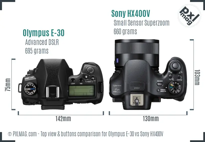 Olympus E-30 vs Sony HX400V top view buttons comparison