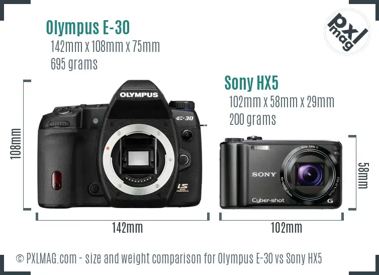 Olympus E-30 vs Sony HX5 size comparison