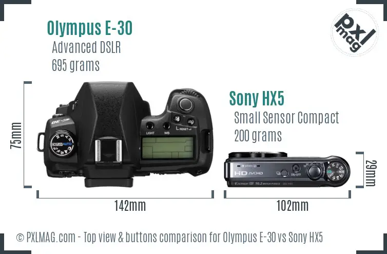 Olympus E-30 vs Sony HX5 top view buttons comparison