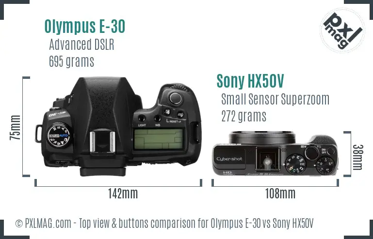 Olympus E-30 vs Sony HX50V top view buttons comparison