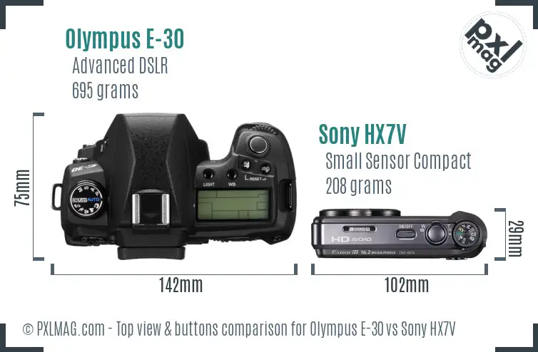 Olympus E-30 vs Sony HX7V top view buttons comparison