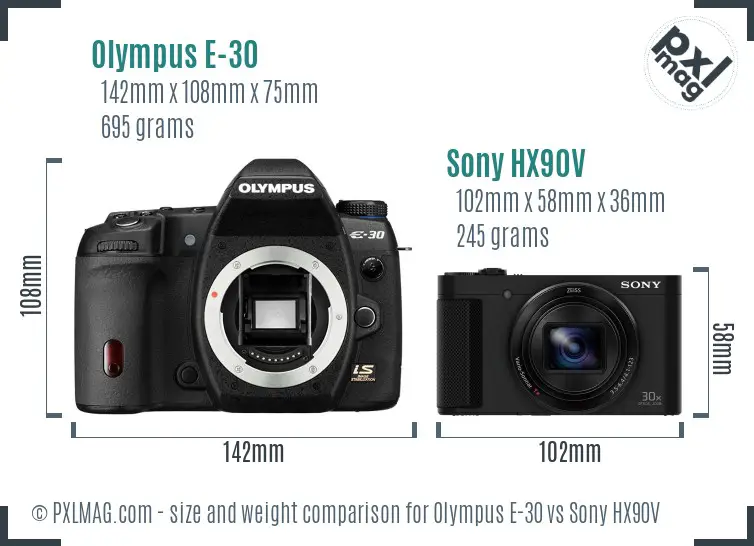 Olympus E-30 vs Sony HX90V size comparison
