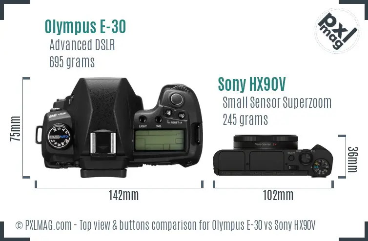 Olympus E-30 vs Sony HX90V top view buttons comparison