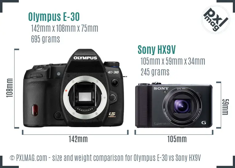 Olympus E-30 vs Sony HX9V size comparison