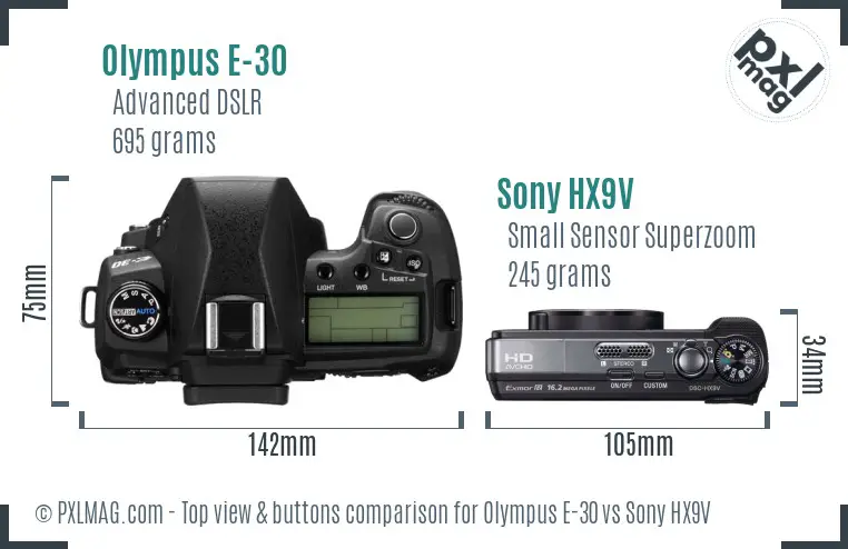 Olympus E-30 vs Sony HX9V top view buttons comparison