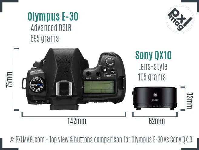 Olympus E-30 vs Sony QX10 top view buttons comparison
