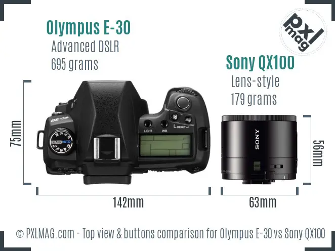 Olympus E-30 vs Sony QX100 top view buttons comparison