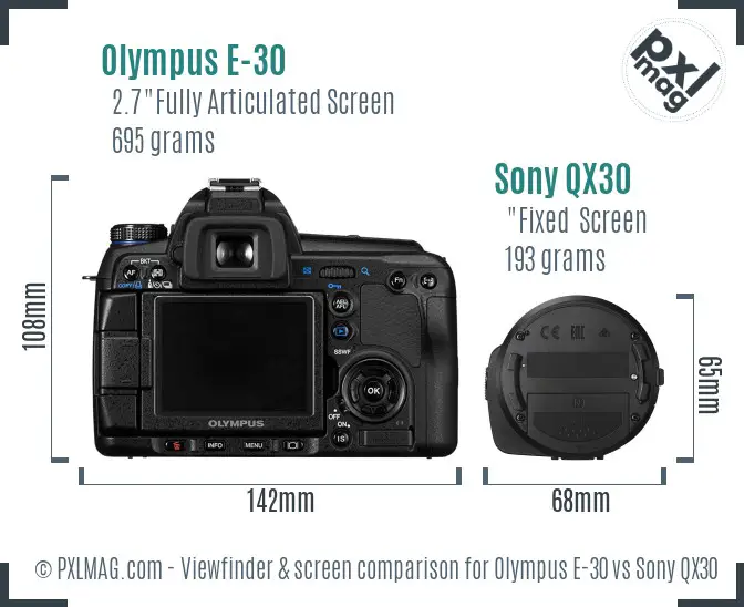 Olympus E-30 vs Sony QX30 Screen and Viewfinder comparison