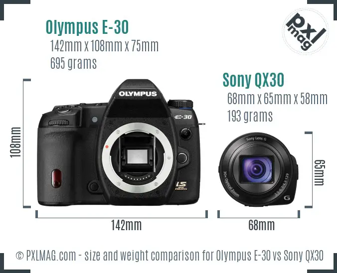 Olympus E-30 vs Sony QX30 size comparison