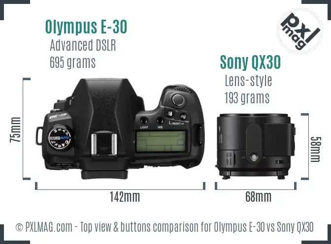 Olympus E-30 vs Sony QX30 top view buttons comparison