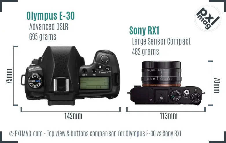 Olympus E-30 vs Sony RX1 top view buttons comparison
