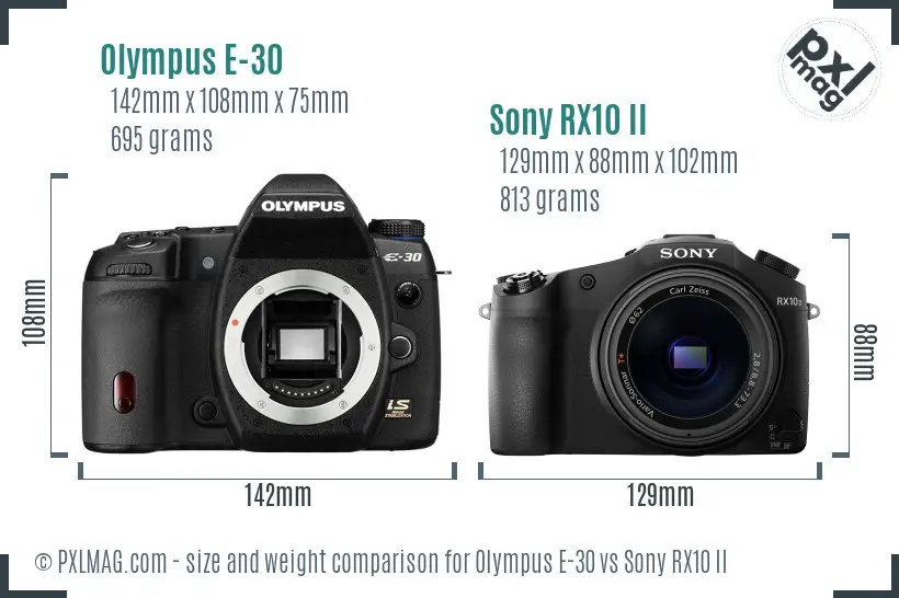 Olympus E-30 vs Sony RX10 II size comparison