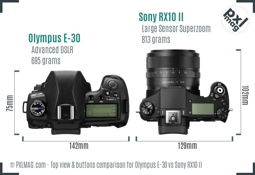 Olympus E-30 vs Sony RX10 II top view buttons comparison