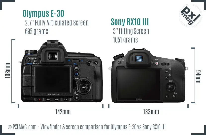 Olympus E-30 vs Sony RX10 III Screen and Viewfinder comparison