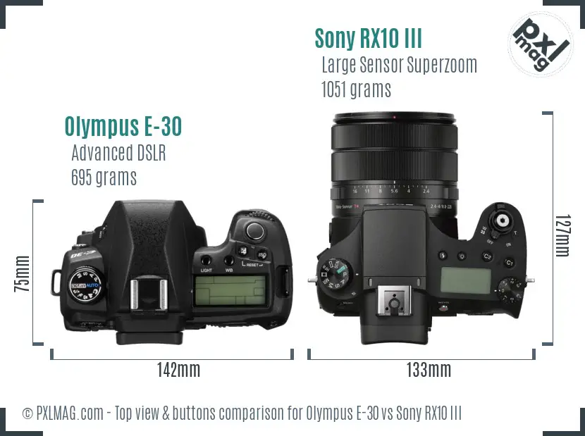 Olympus E-30 vs Sony RX10 III top view buttons comparison