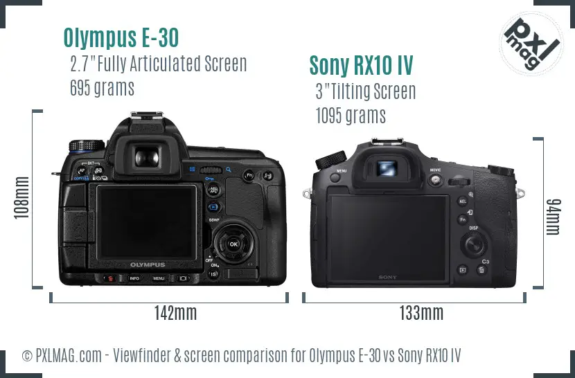 Olympus E-30 vs Sony RX10 IV Screen and Viewfinder comparison
