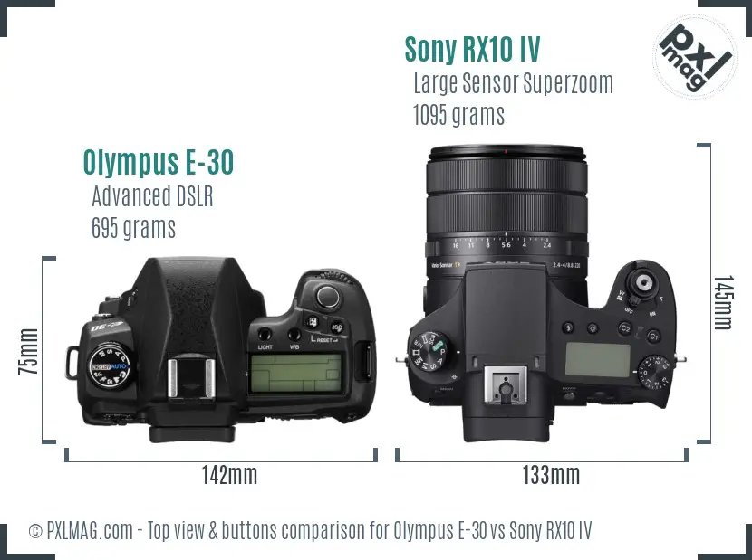 Olympus E-30 vs Sony RX10 IV top view buttons comparison