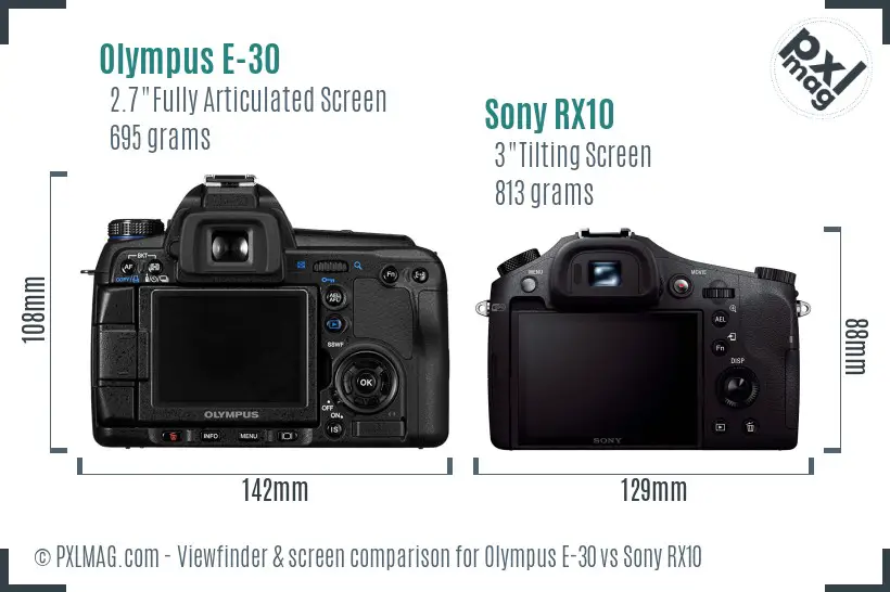 Olympus E-30 vs Sony RX10 Screen and Viewfinder comparison