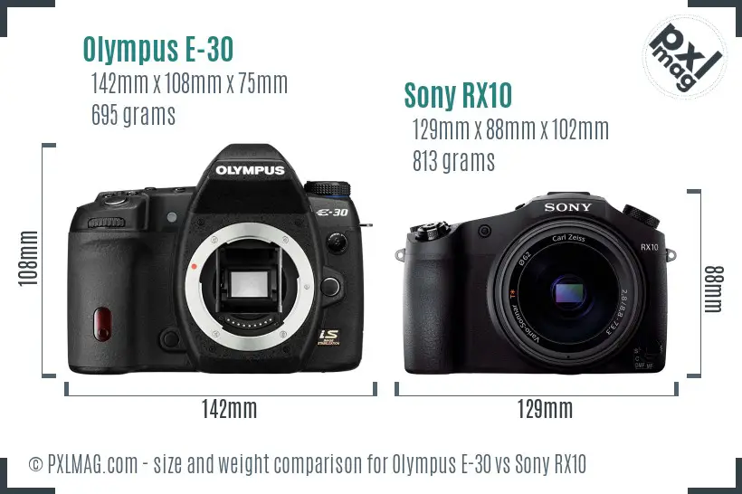 Olympus E-30 vs Sony RX10 size comparison
