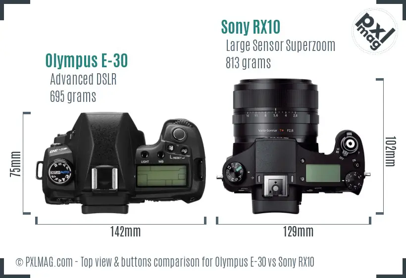 Olympus E-30 vs Sony RX10 top view buttons comparison